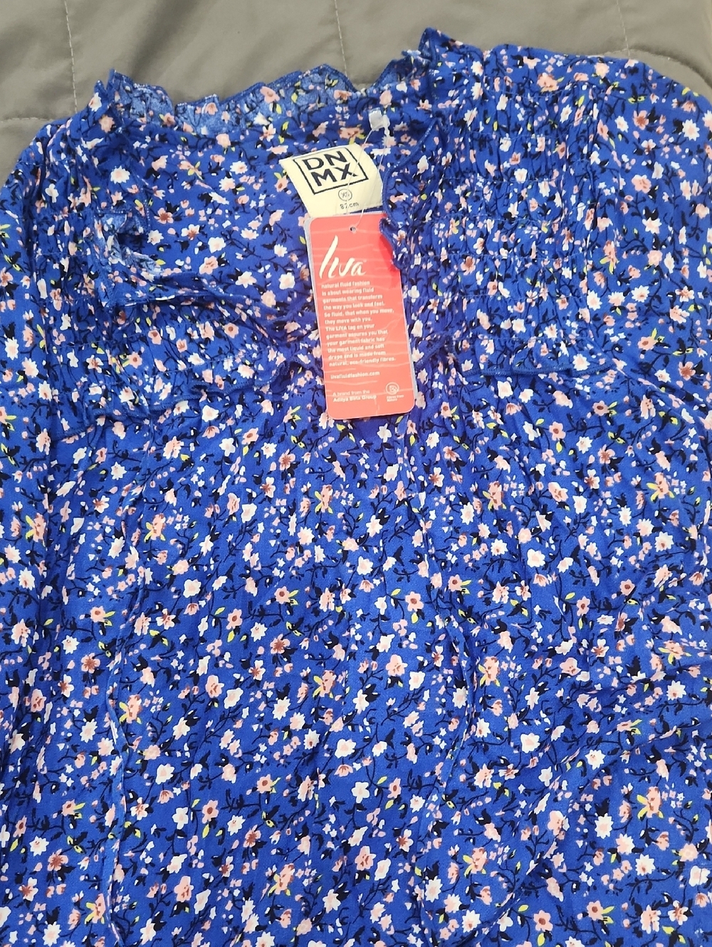 Blue Floral Smocked Top with Pink & White Flowers